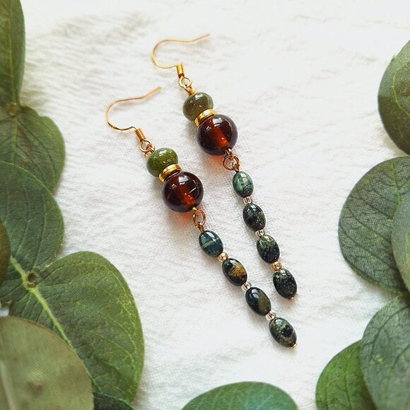 Kambaba Jasper & Tourmaline Earrings – Boho Witchy Dangle Earrings, Whimsigoth - Picture 1 of 9